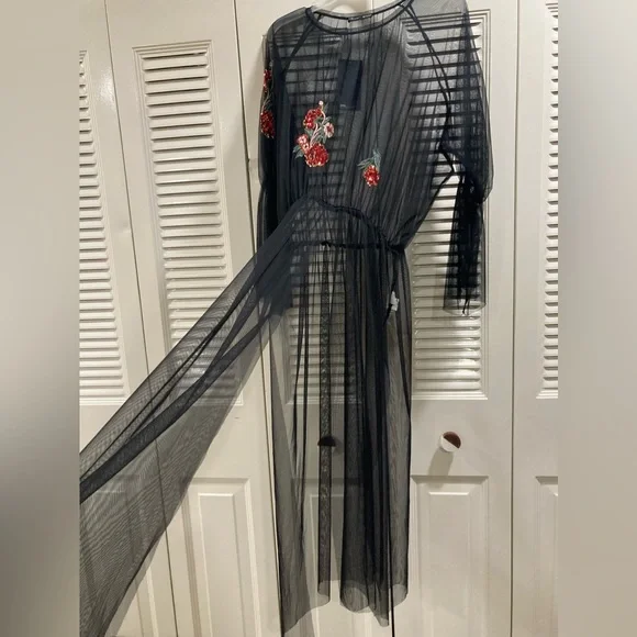 Zara | Dresses | Stunning Black Zara Mesh Dress With Front And Side Slits  And Red Appliqus | Poshmark